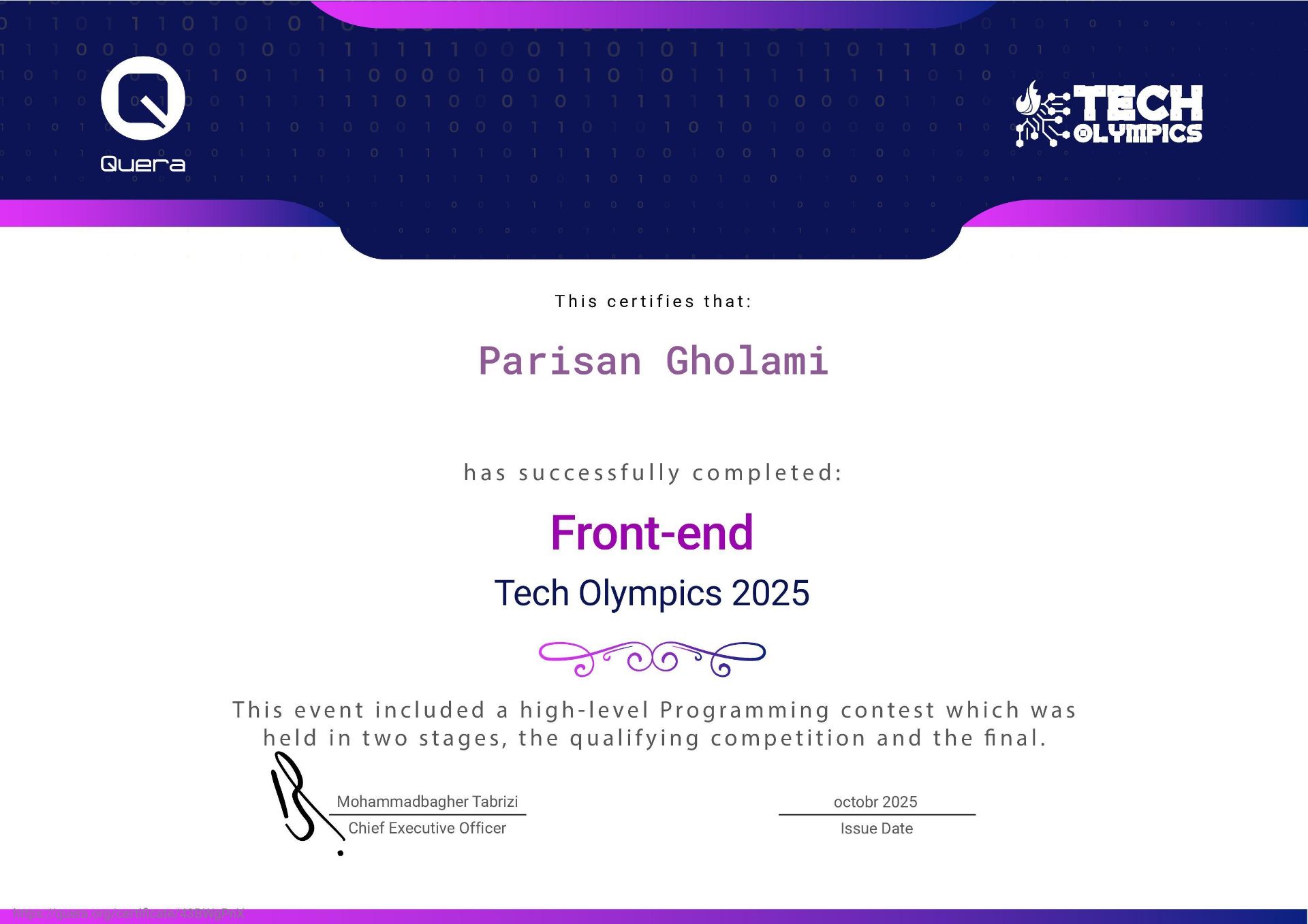 Parisan Gholami Front-end Tech Olympics 2025 Certificate